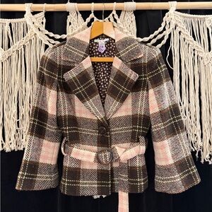 CAbi Pink and Brown Plaid Belted Blazer